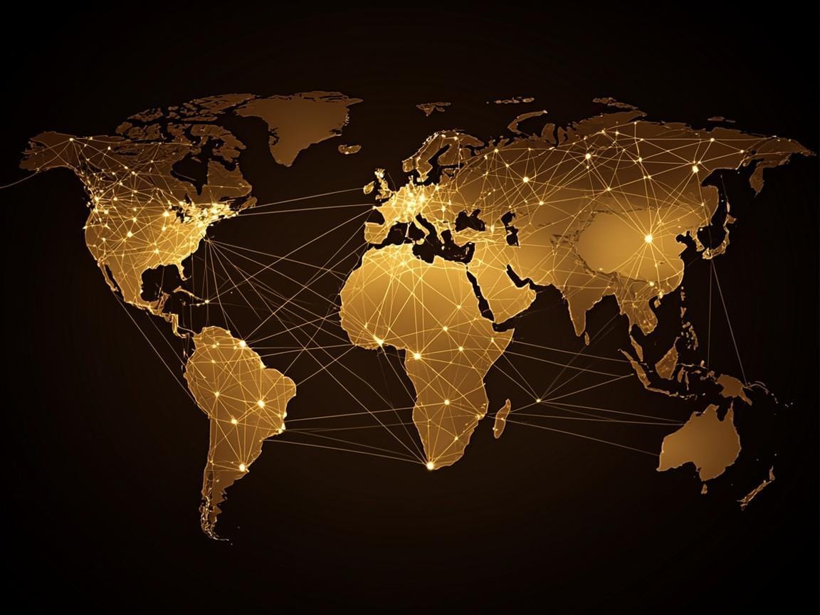 Abstract visualization of a global digital community network with glowing golden nodes