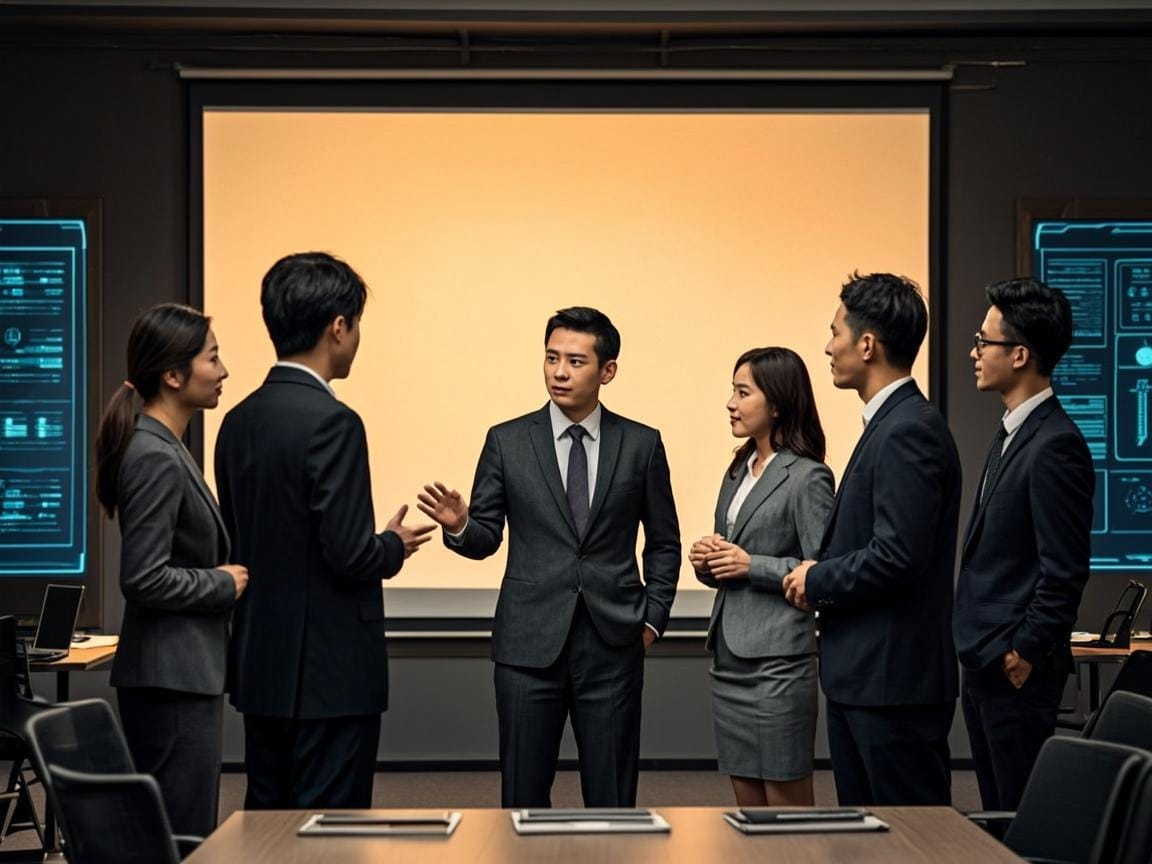 Silhouettes of professionals gathered around a glowing screen during a technology learning session