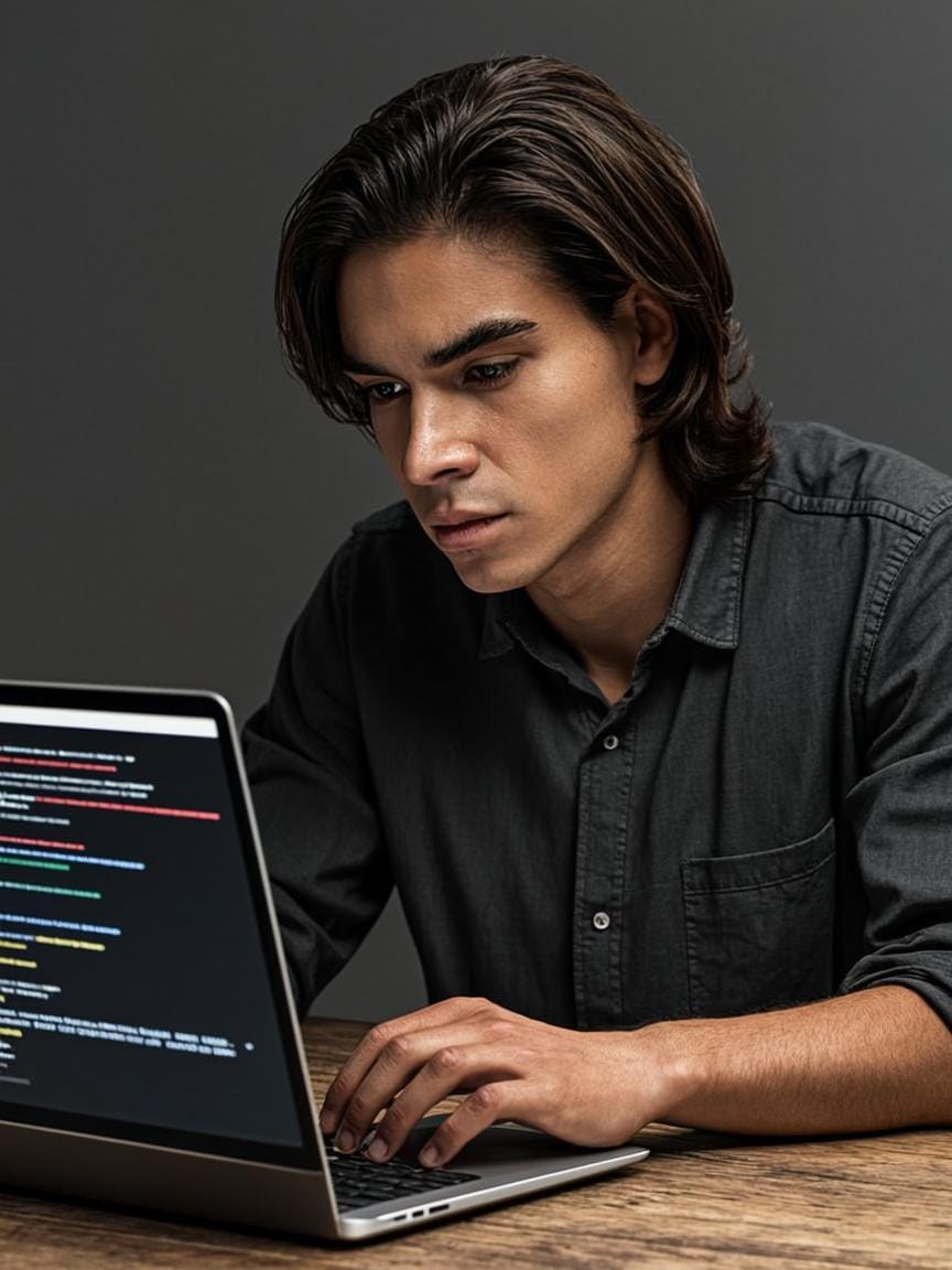A focused young professional writing code on a laptop in a dark studio, lit by warm bronze screen glow