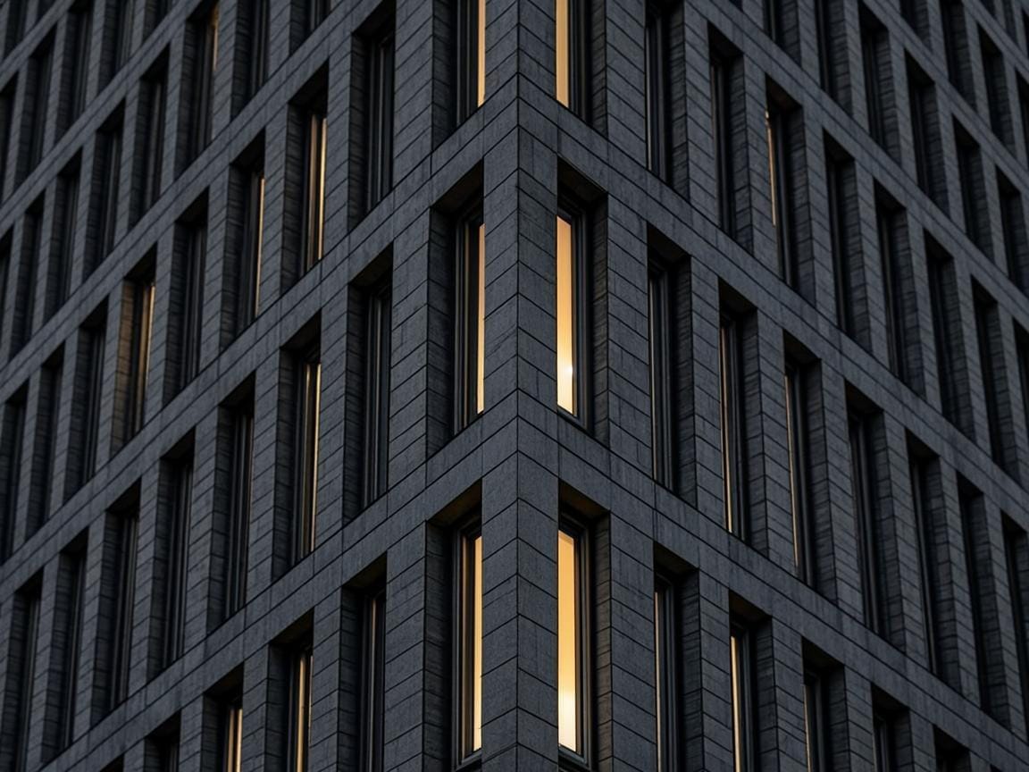 Modern geometric building facade at night with warm amber light lines